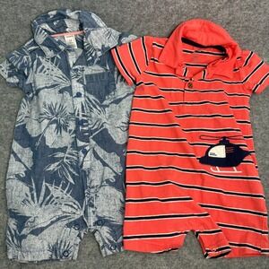 Carters Shorts Rompers Baby Boy 12M Lot of 2 Collared Hawaiian Striped Summer